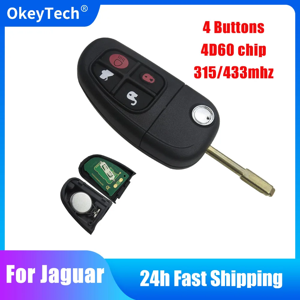 OkeyTech 4 Buttons Remote Control Flip Car Key For Jaguar X-Type S-Type 1999-2009 XJ XJR 2002-2008 315/433MHZ 4D60 Chip