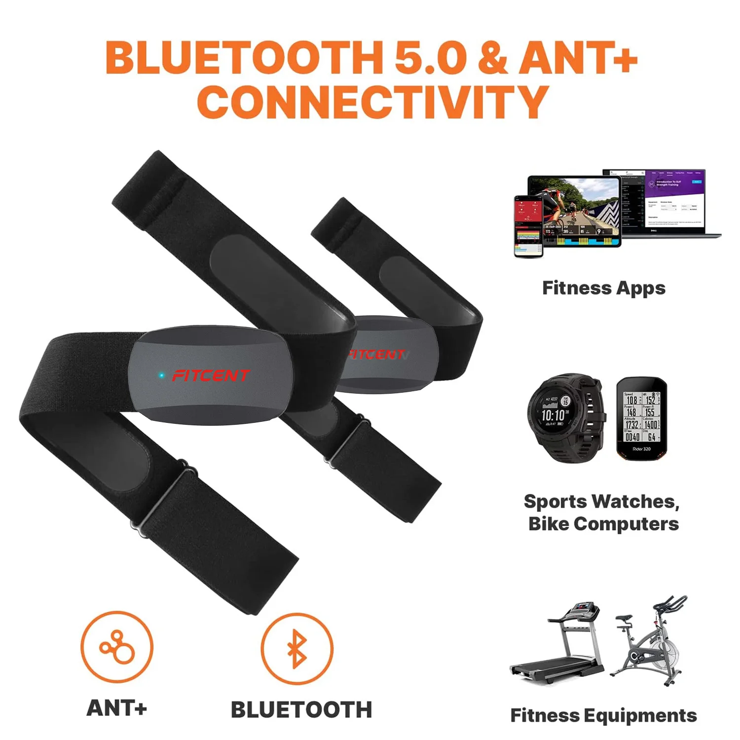 Fitcent Heart Rate Sensor Belt Bluetooth ANT HR Monitor Chest Strap for Peloton Polar Garmin Bike Computer Sports Srava DDP Yoga