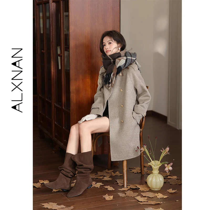 

ALXNAN Sheepskin Coat for Women Camel Polo Collar Double-Faced Wool Blend Coat Fall Winter Mid-Length Overcoat Female L58766