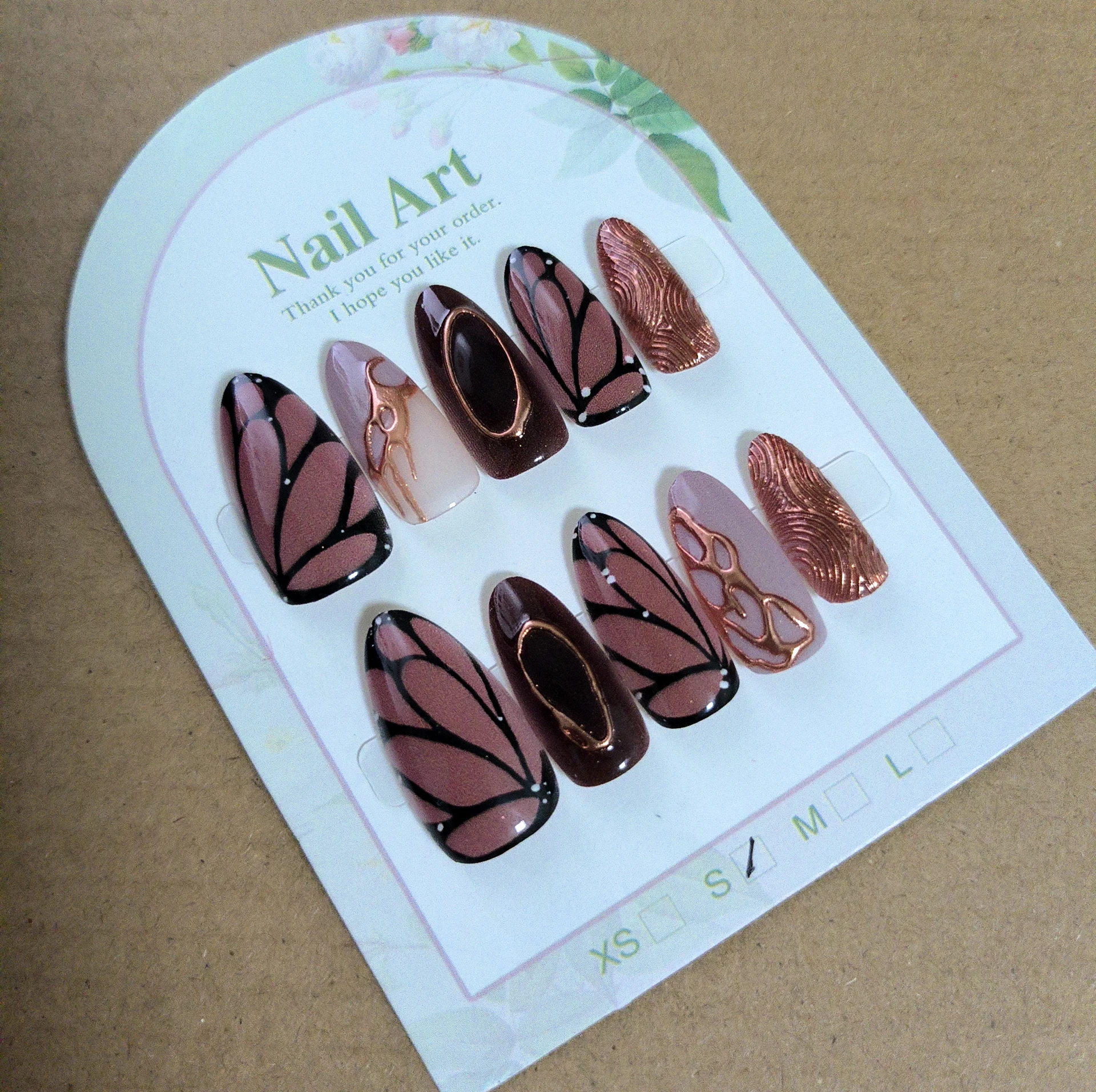10pcs Chocolate Brown Butterfly Spice Girl Fake Nails Short Almond Press On Nails Reusable Adhesive False Nails