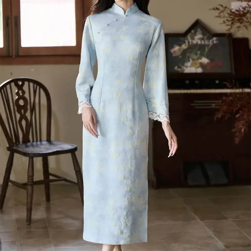 

Sexy Lace Floral Chesongam Autumn Evening Party Vestidos Woman Improved Qipao Chinese Traditional DressModern Qipao Dress