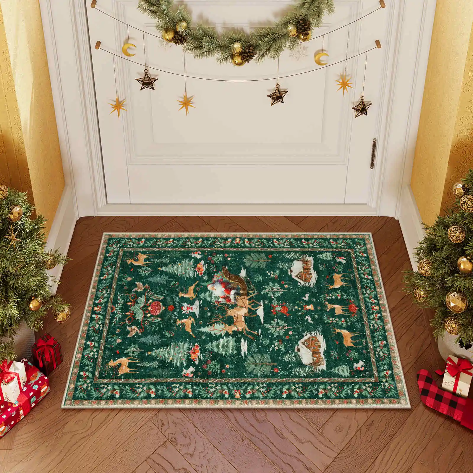 Green Persian Living Room Carpet Retro Christmas Tree Bedroom Bedside Rug Hotel and Homestay Christmas Decoration Rug Non Slip