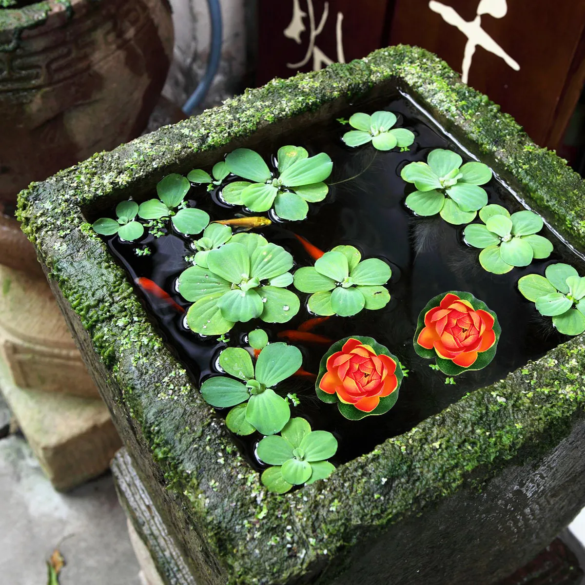 6Pcs Artificial Water Lilies Plastic Floating Pond Plants for Home Garden Pool Decoration Deep Green Embossed Leaves Indoor