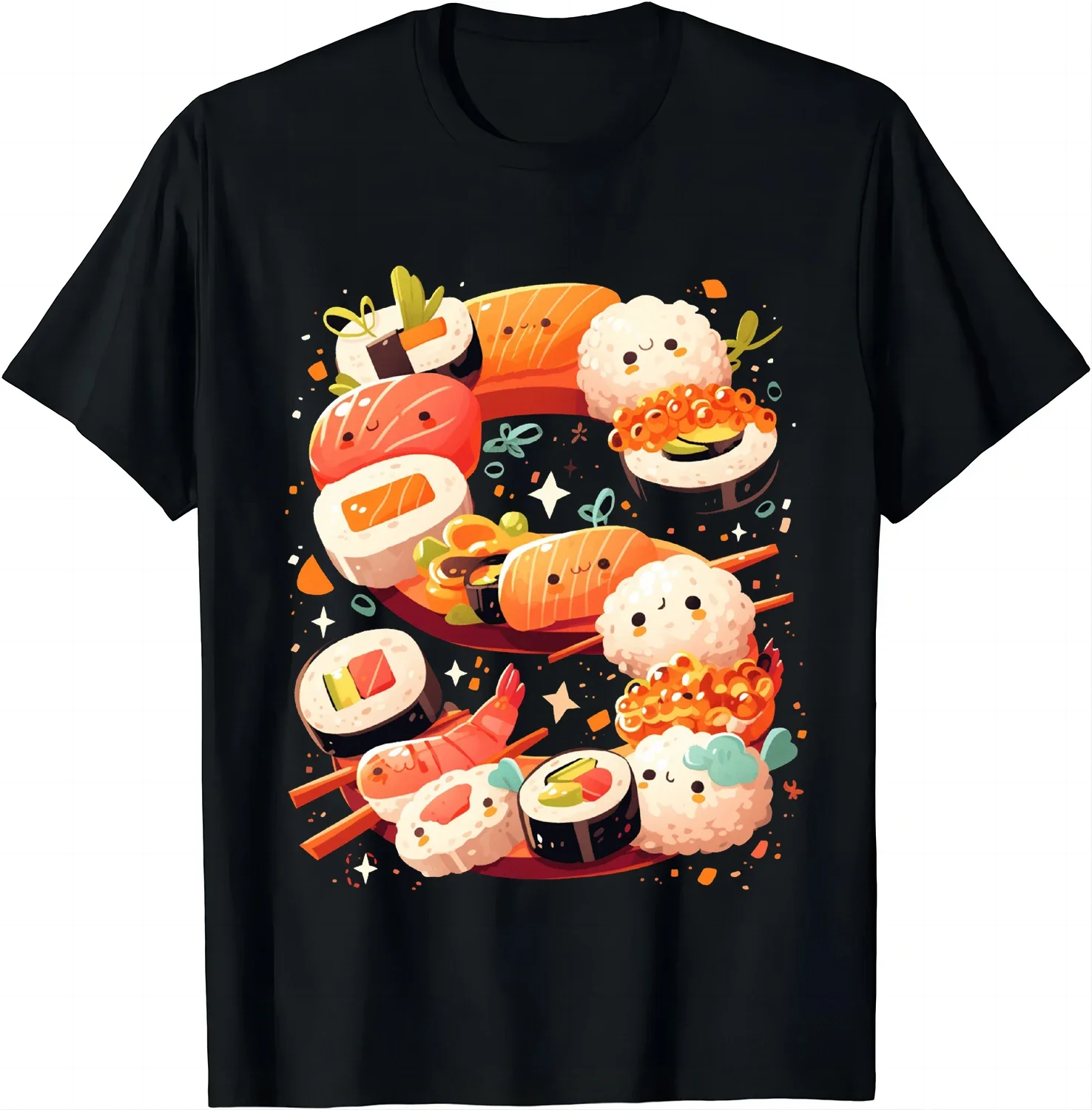 

Kawaii Sushi Food Graphic Tee Cute Japanese Rice Roll Anime Style Unisex Cotton Short Sleeve T-Shirt