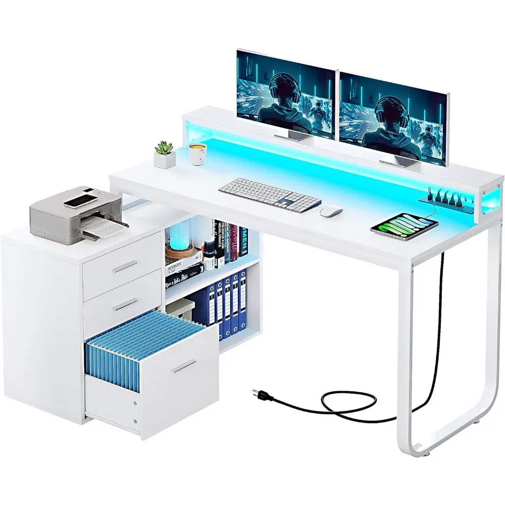 L Shaped Desk with Power Outlets & LED Lights & File Cabinet 55