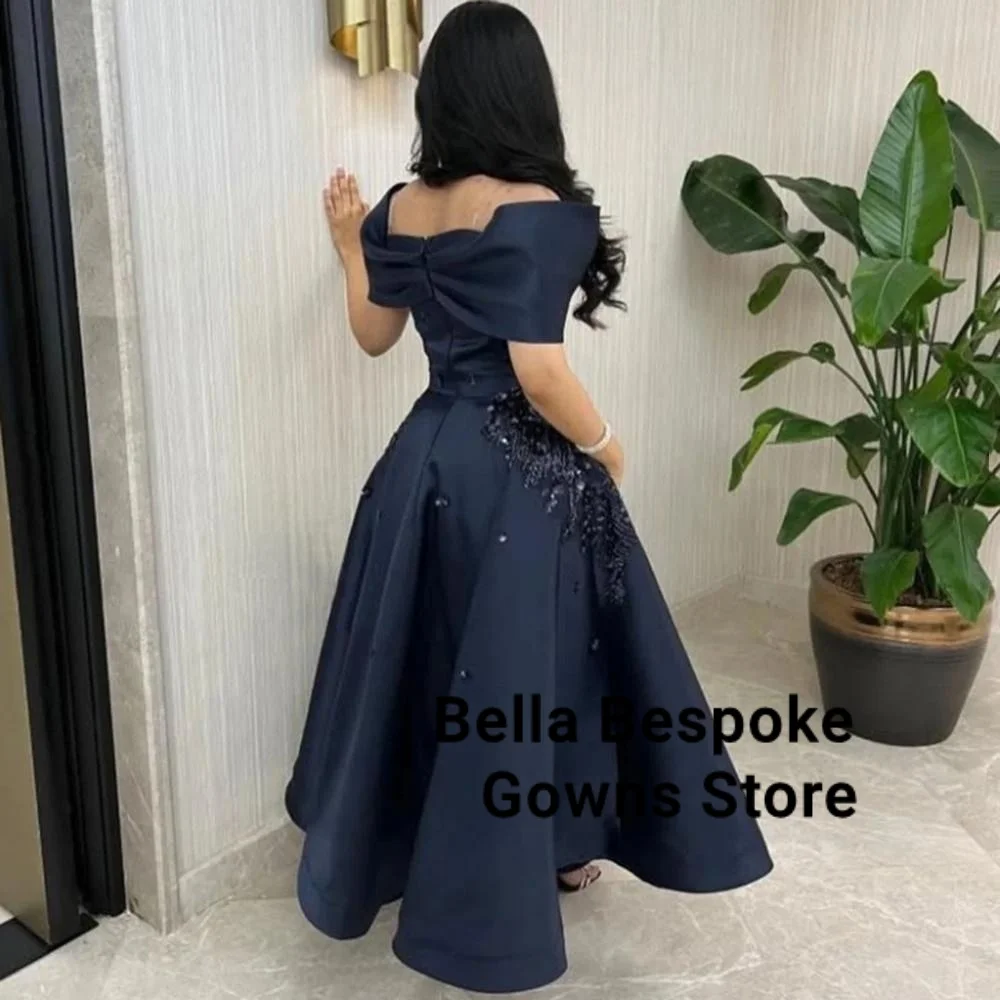 Customized Navy Blue A-line Flower Appliques Satin Evening Dress Draped Off the Shoulder Sleeveless Ankle Length Party Prom Gown