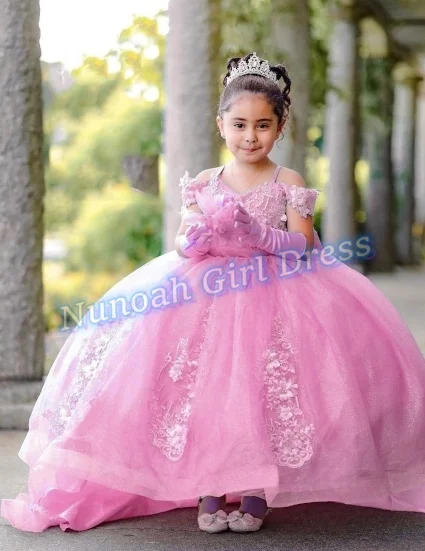 Princess Flower Girl Dresses for Wedding Lace 3D Floral Beaded Girl Kids Birthday Party First Holy Communion Gown Customized