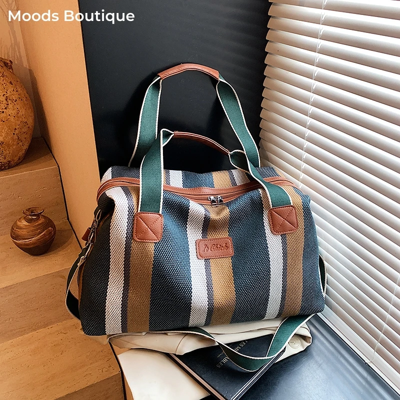 

Quality Big Striped Boston Bags For Women Canvas Fabric Large Capacity Shopper Shoulder Crossbody Tote Bag 2025 Designer Handbag