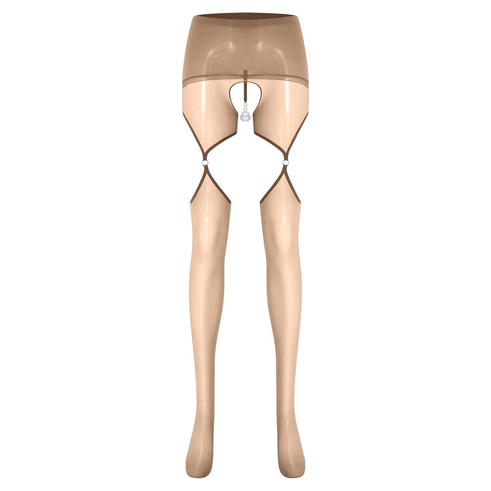 Lingerie sexy da donna con collant con apertura sul cavallo e fascia di perle finte, leggings scavati lucidi, collant da notte, clubwear