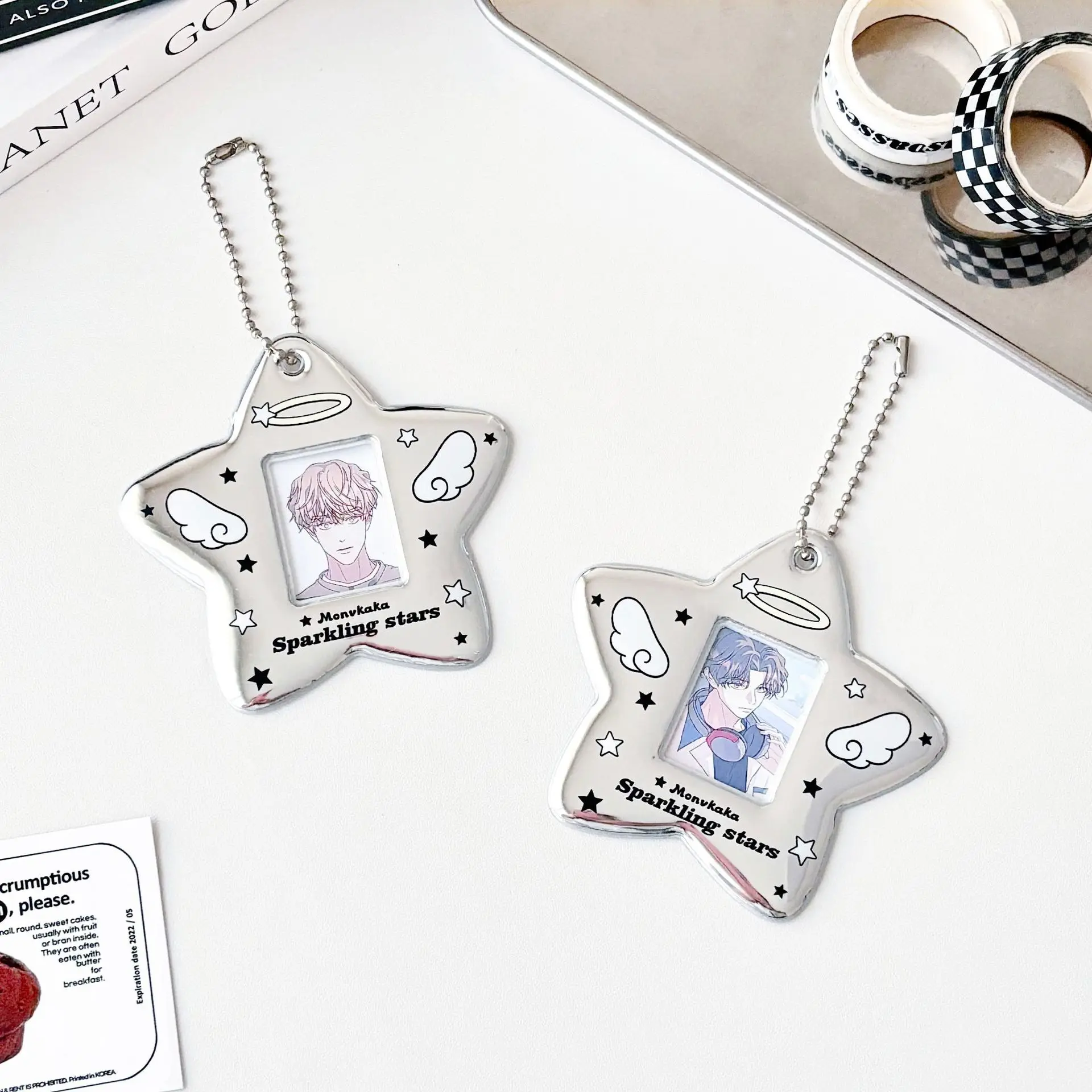 Silver Sparkling Star Kpop Photocard Holder Keychain Photo Card Holder 1 Inch ID Badge Holder Bus Credit Bank Card Decor