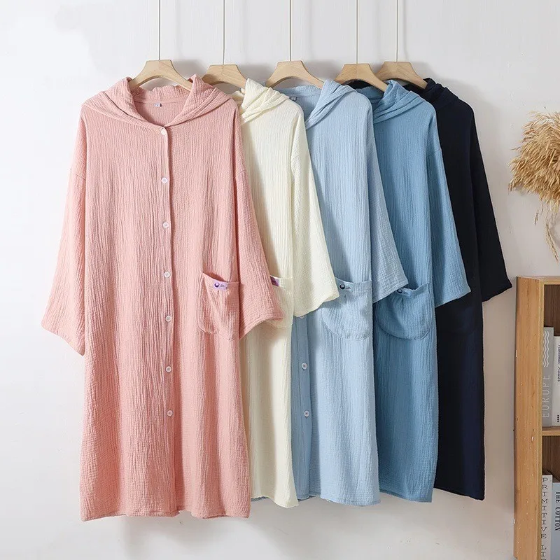 Spring Summer Women Robe Double-layered Cotton Loose-fit Button-up Hooded Long-sleeved Bathrobe Pajamas for Loungewear Home Wear