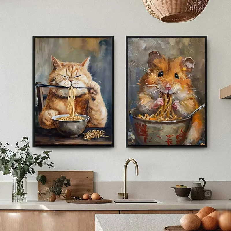 Funny Animals Eating Ramen Poster Printing Raccoon, Hamster, Fox, Cat, Dog, Wolf Canvas Art Home Decor for Bedrooms Dining Room