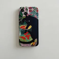 Vintage INS Oil Painting Black Cat & Fish Bowl Lovely Case for iPhone 16 15 14 13 Pro Max Back Phone Cover for 12 11 Funda