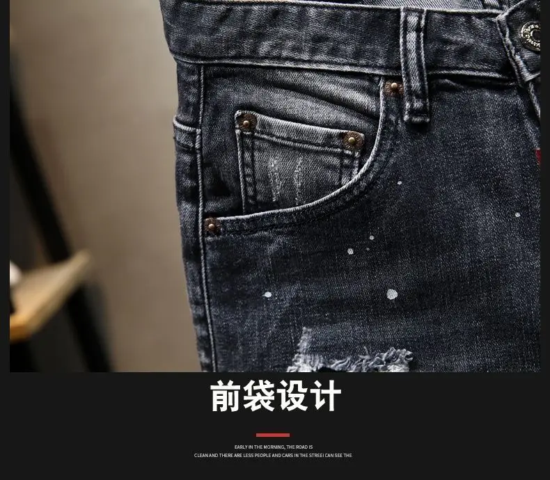 New Casual Summer Jeans Knee-length Distressed Denim Shorts Spray Paint and Stickers Boyfriend Men\'s Clothing Luxury Short Pants