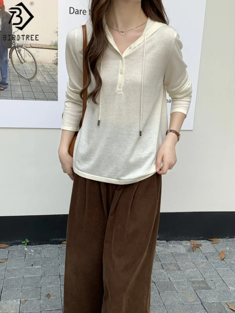 

Birdtree 100% Sheep Wool Thin Style Elegant Woolen Sweater,Woman Autumn Long Sleeve Single Breasted Hooded Knit Top T58123JF