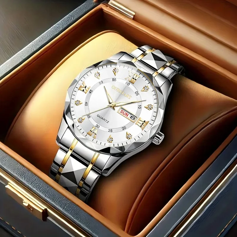 

| Light Luxury Stainless Steel Dual Calendar Quartz Watch | Date + Calendar + Butterfly Clasp | Essential Watches for Urban Elites, Men and Women, for Commuting