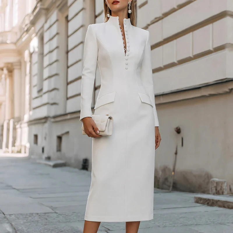 Formal Occasion Casual Maxi Dresses Lady Stand Collar Button Slim Office Dress New 2026 Autumn Long Sleeved Solid Elegant Dress