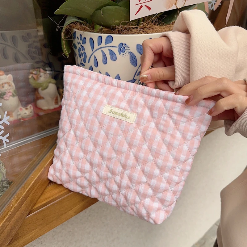 Simples Xadrez macio sacos cosméticos para mulheres, portátil, grande capacidade, maquiagem para senhoras, bolsa de armazenamento de viagem, bolsa de embreagem