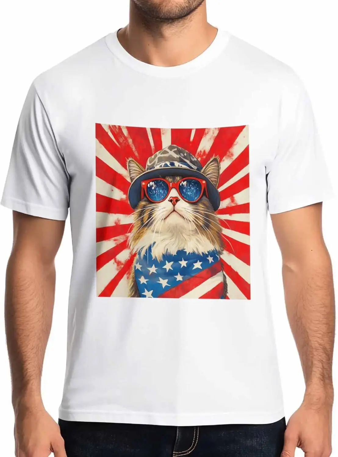 

Funny Cat USA Flag Mens T-Shirts,Short Sleeve Quick Drying T Shirts for Men Crew Neck Tee Hat Stripe Men's T-Shirts