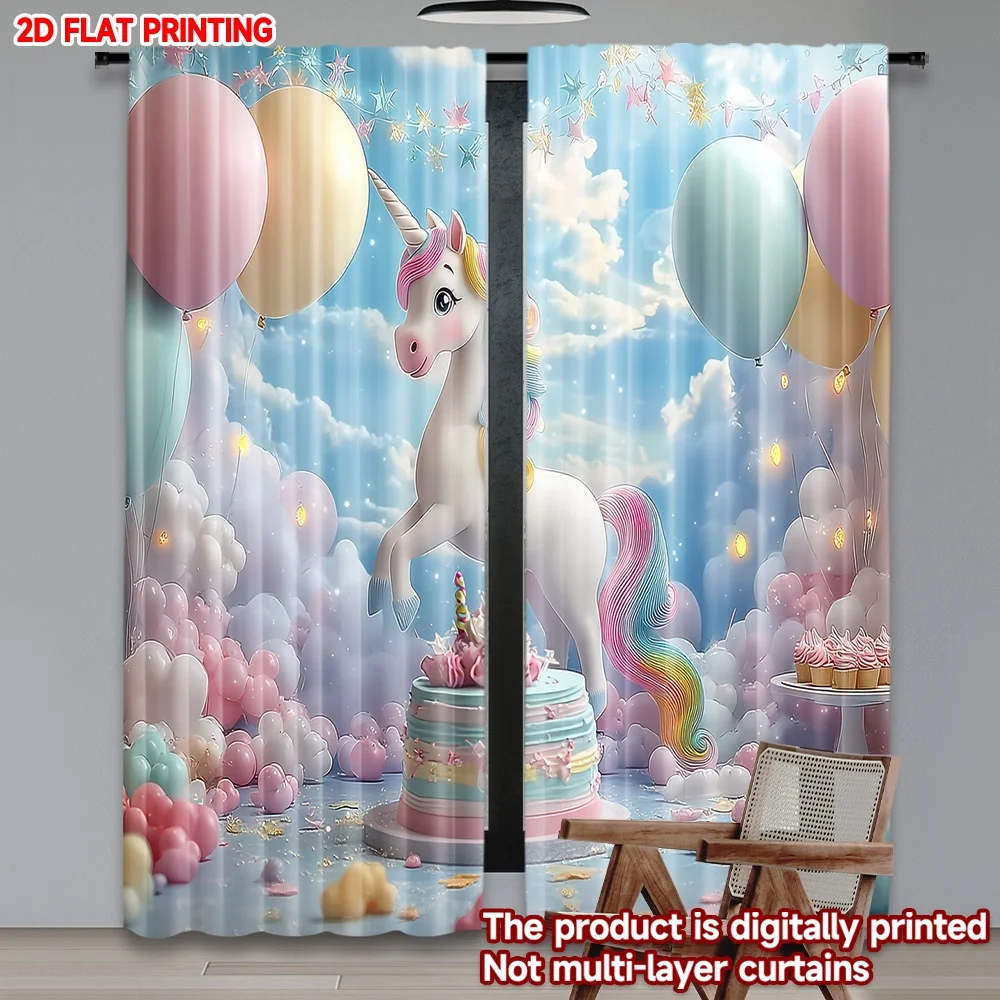 

2D flat printing 2pcs Window Curtains Birthday Unicorn Celebration Digital Printed Polyester Drapes Family Party Decoration Use