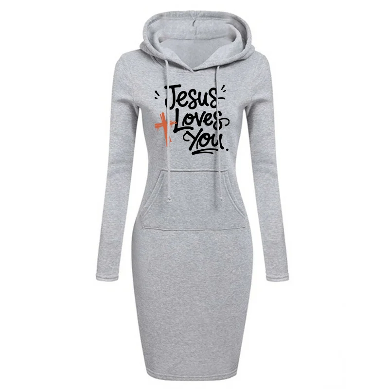 เสื้อสเวตเตอร์เดรสยาวพิมพ์ลายพระเยซูรักคุณ รุ่นครอสซีรีส์ ลายลำลอง มีฮู้ด ทรงเข้ารูป