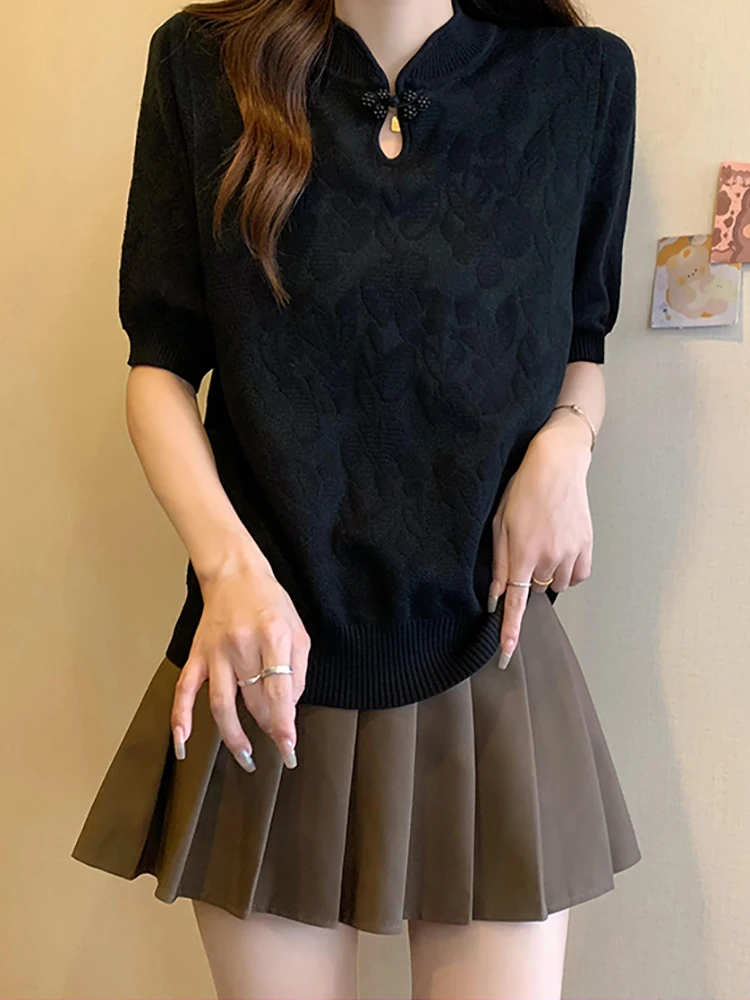 Women's Knitting Black T Shirt Hollow Out Chinese Style Tee Shirt Femme Stand Neck Loose Thin Tshirts Summer New Tops T-shirt