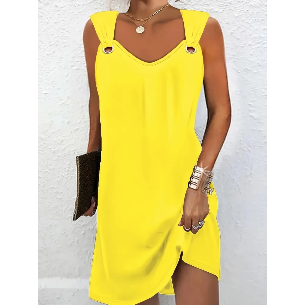 Vestido de talla grande 1XL-5XL para mujer, sin mangas, con cuello en V, detalle de botones de Metal, vestido informal de verano de longitud media amarillo vibrante