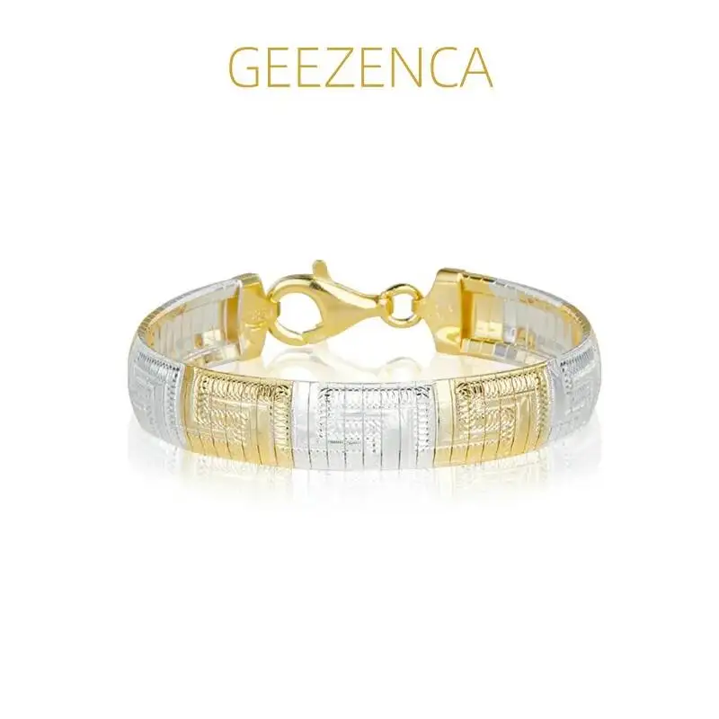 GEEZENCA Italian Luxury 925 Sterling Silver Two Tone Geometric Texture Bracelet For Women Trendy Dainty 1cm Width Bracelets
