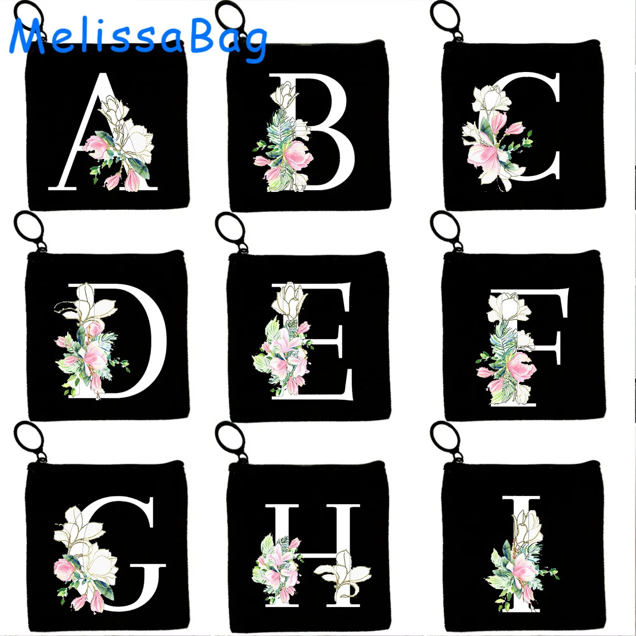 Cute Floral Pretty Flower Initial Letter A to Z Floral Monogram Alphabet Gift Canvas Coin Purse Key Case Bag Wallet Zipper Pouch