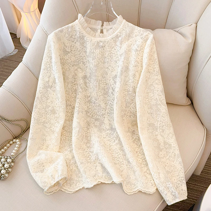 

Ele Hollow out кружево irt женские свободные длинные све воротник-стойка осень мода для поездок на работу Sle цельный предмет из смеси хлопка