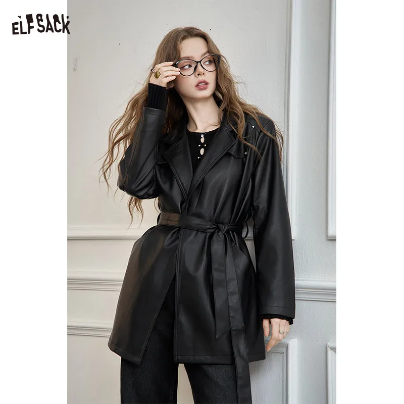 ELFSACK 2025 Spring New Arrivals Solid Belt Mid-Length Faux Leather Jacket Women Elegant Basic Zipper Coat Outerwear