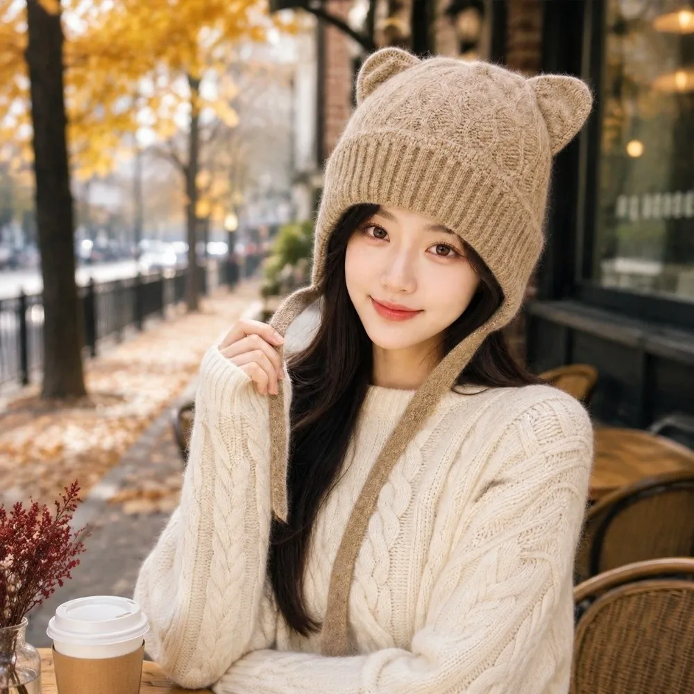 Cute Solid Color Cat Ear Beanie Keep Warm Cold Proof Winter Tie Strap Beanie Windproof Thickened Knit Earflap Hat Casual Dating