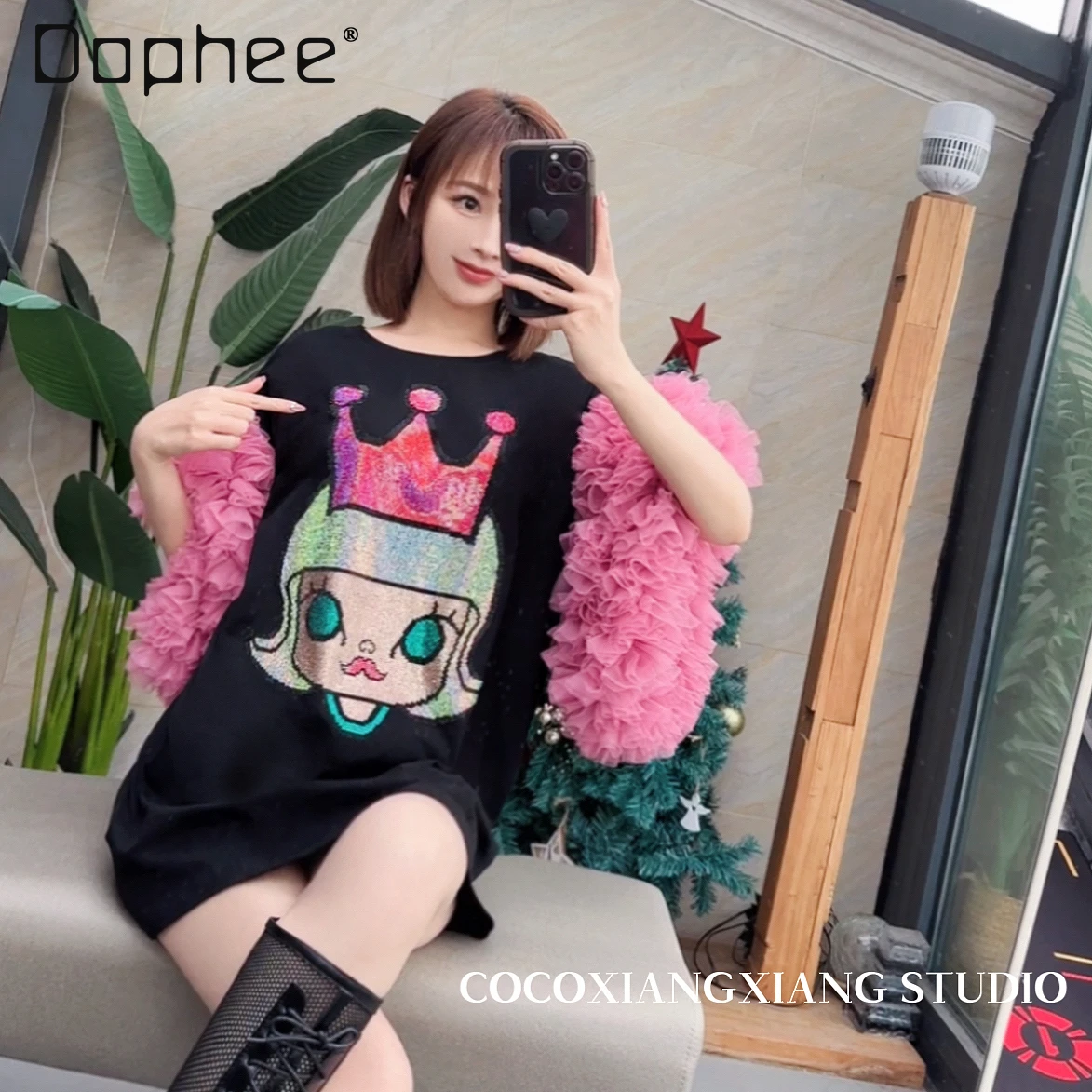 المد الساخن الماس الكرتون الصناعة الثقيلة منتفخ الأكمام شبكة خياطة فستان كبير الحجم لطيف فضفاض فساتين تي شيرت متوسطة وطويلة