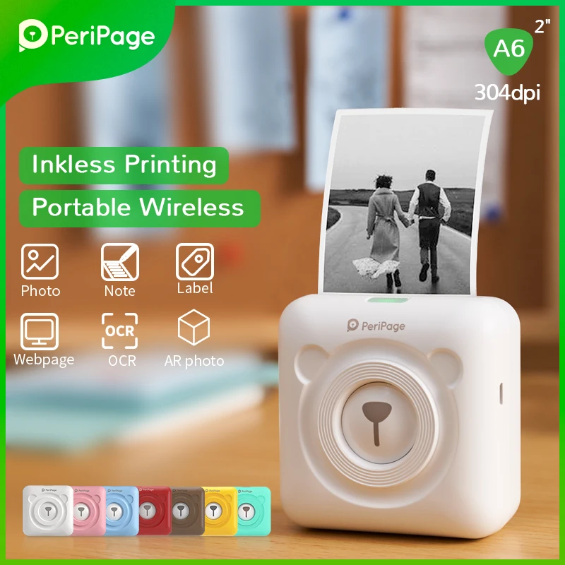 PeriPage Portable 304dpi Thermal Picture Photo label Mini Printer Brown Red Yellow A6 Thermal Label Printer