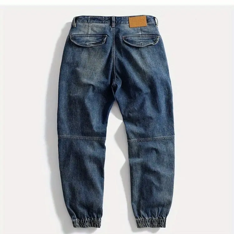 Men\'s Dark Blue Distressed Denim Cargo Pants with Knee Patches Loose Fit Cuffed Ankle Jeans Casual Leggings Drawstring Trousers