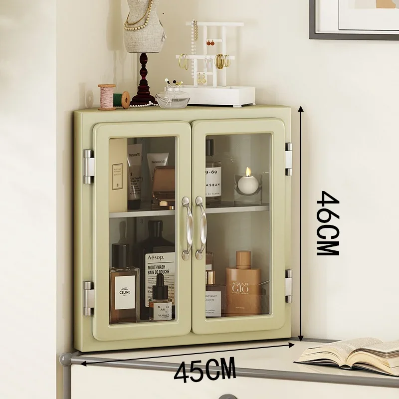 Vintage Metal Triangular Cabinet for Corner, Glass Display Storage Unit – Bedroom Desktop Embedded Cabinet