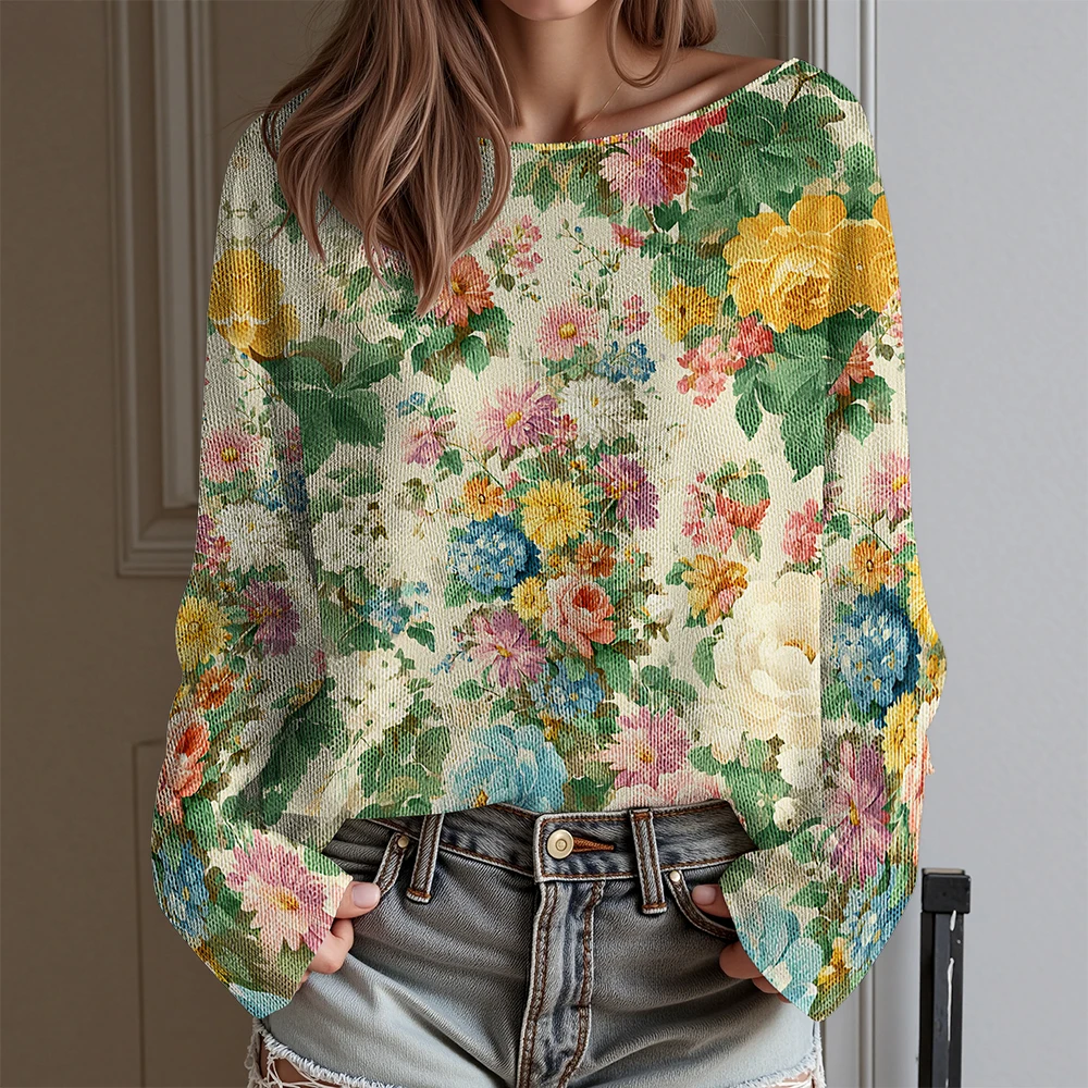 Wiosenna moda damska, koszulka z pastelowymi kwiatami, długi rękaw, akwarelowy wzór, top z motywem dmuchawca i stokrotki. ​   Bluzka w stylu boho w kolorze niebieskim do noszenia na co dzień ​