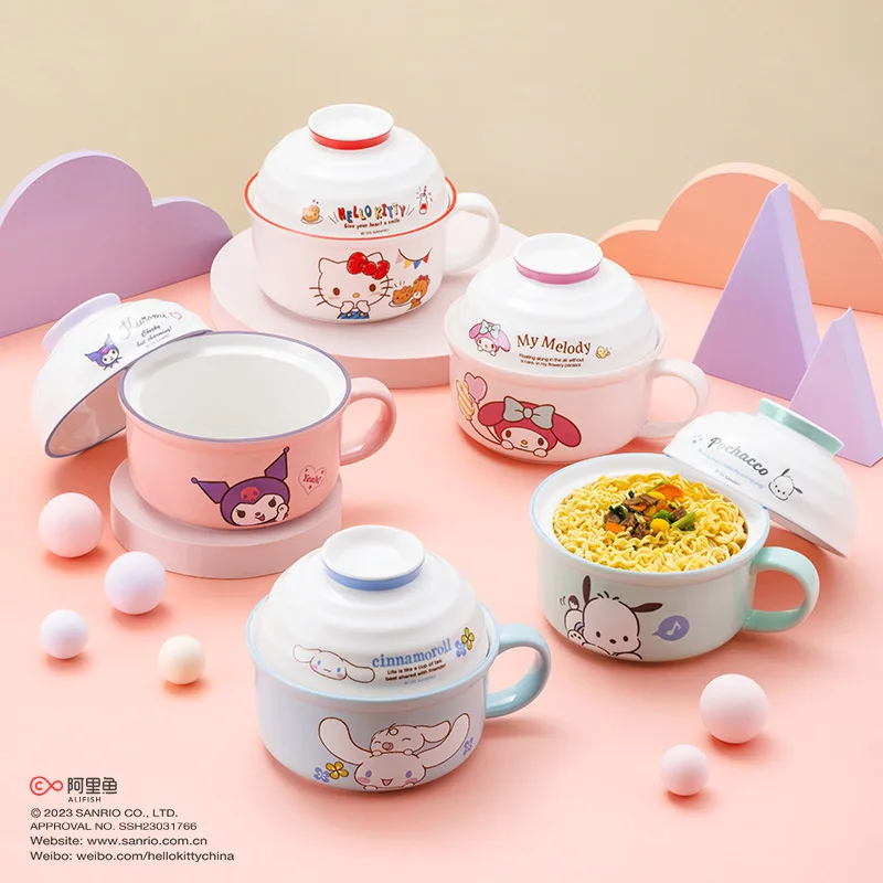 Hot Sanrios Hellokittys Cartoon Ceramic Instant Noodle Bowl Ins Kuromi Anime Salad Bowl Pochacco Cute Ceramic Tureen Fruit Bowl