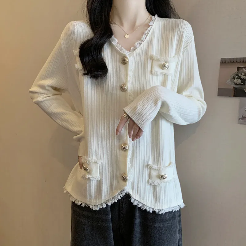 

Плюс размер для похудения с кисточками, вязаный открытый кардиган, топ, весна-осень, корейский свободный цветной свитер на одной пуговице для женщин