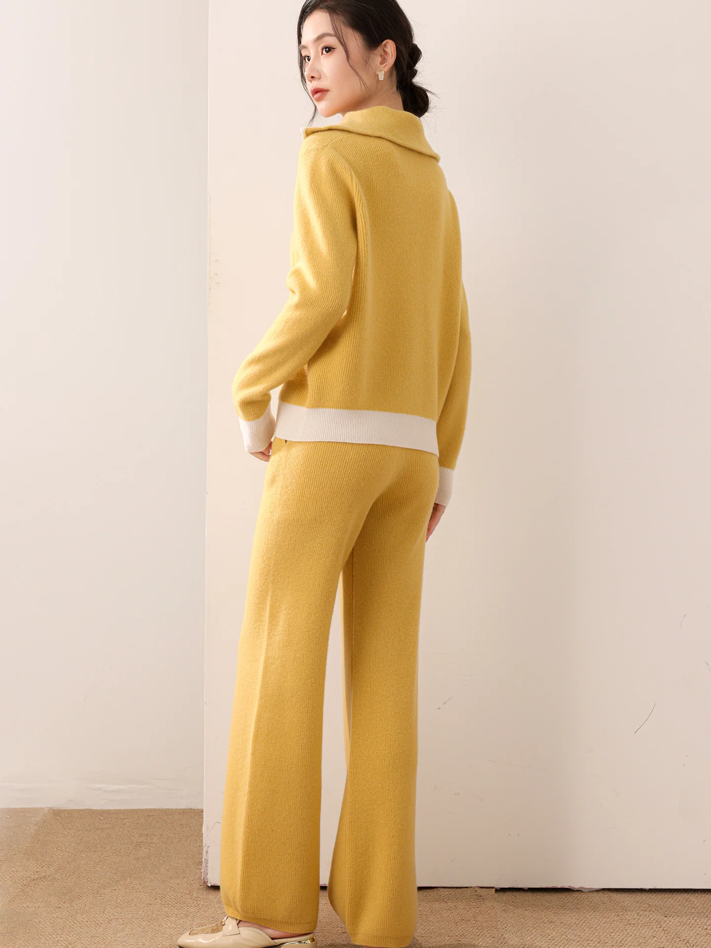 Women's 100% Merino Wool Pant Suits Casual Autumn Winter Lady Tops Bottom Long Sleeve Turtleneck Knitted Cardigan Length Trouser