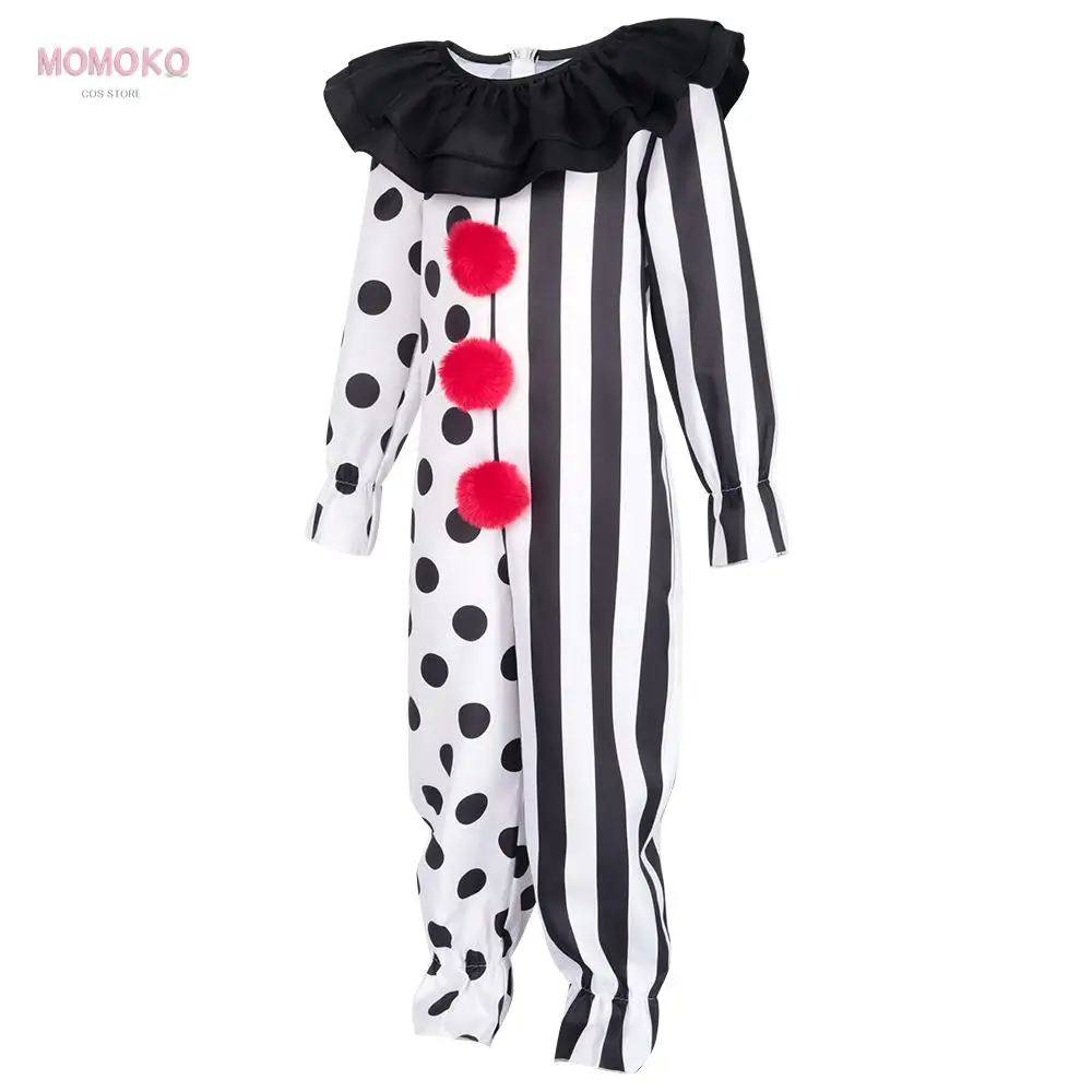 

Хэллоуин для взрослых и детей, клоун Джокер, карнавальный костюм, комплект одежды, черный, белый цвет, комбинезон, художественный ужас, страшный маскарадный боди, праздничный комплект