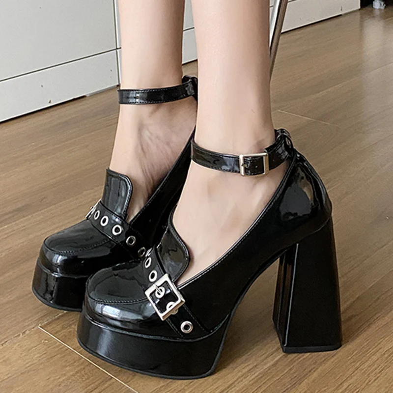 Women Platform High Heels Pump Punk Personalized Buckle Design Thick Heel Mary Jane Shoes Sexy Chunky Patent Leather Casual Shoe