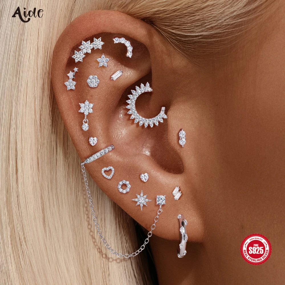 Aide S925 Sterling Silver Moissanite Piercing Earring Celestial Star/Moon/Heart Cartilage Studs & Cuffs for Women Ear Stacking