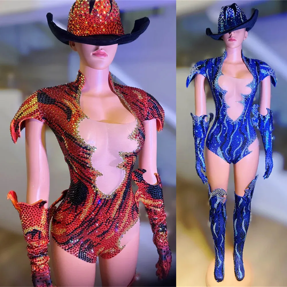 

Luxury Rhinestones Bodysuit Crystal Gloves Dance Outfit Women Singer Leading Dancer Concert Stage Performance Drag Queen Costume
