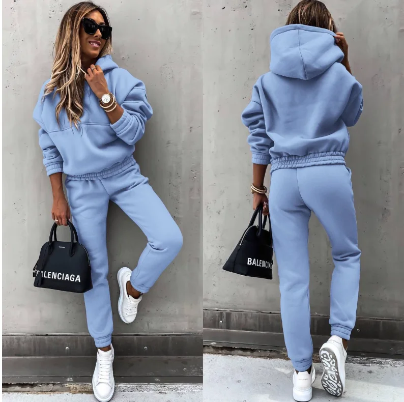 Winter-Trainingsanzug für Damen, zweiteiliges Set – übergroßer Kapuzen-Jogginghose, einfarbiger Sportanzug | Lässiges Sweatshirt-Hosen-Set – Detail 6
