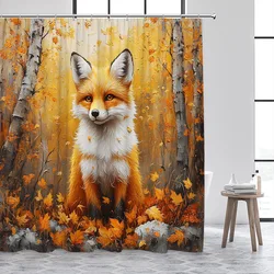 Funny Fox Shower Curtain Autumn Forest Maple Leaves Animal Fall Art Scenery Bath Curtains Fabric Home Bathroom Decor with Hooks