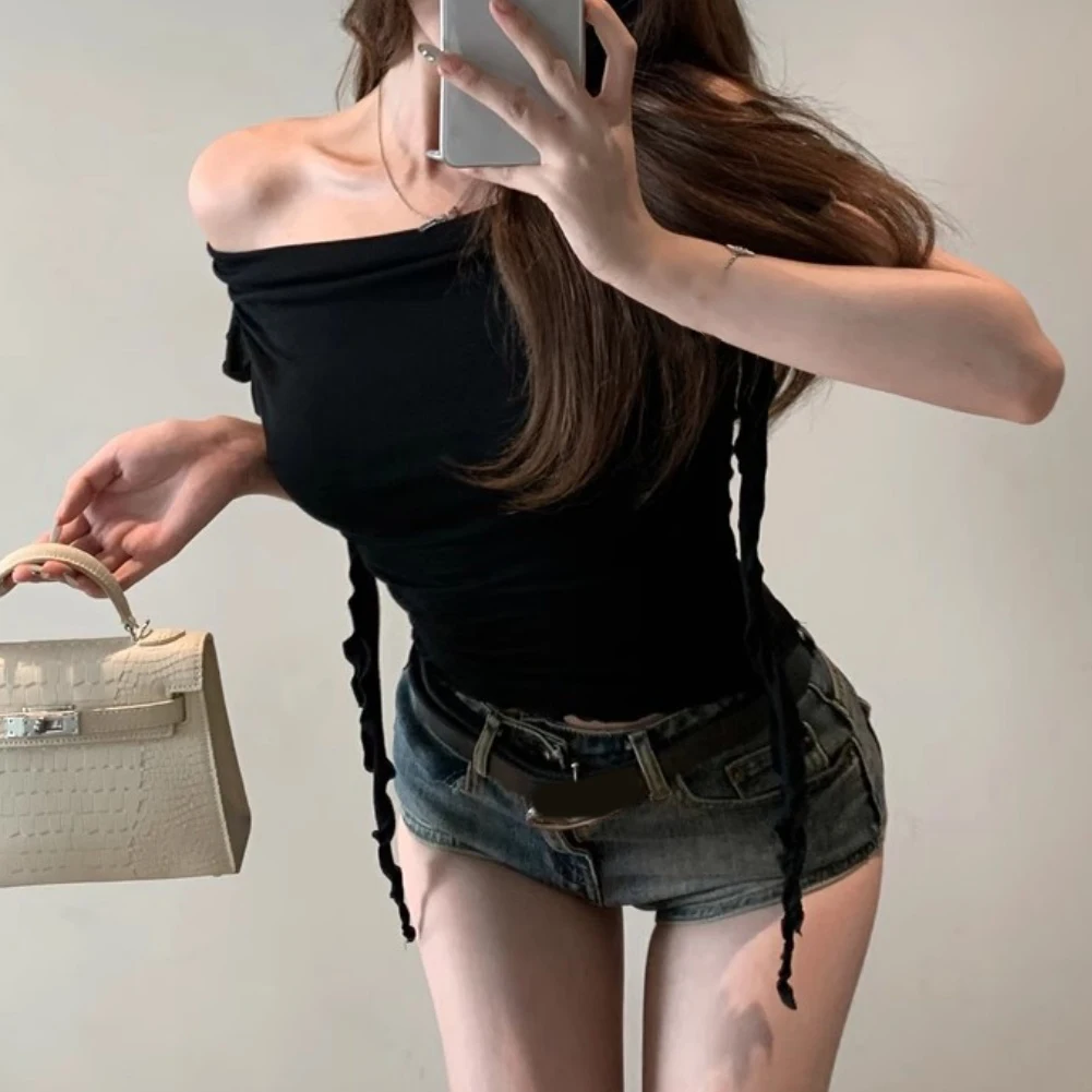 White Black One Shoulder Off Shoulder Ruffle Short Sleeve T Shirt For Women Casual Loose Solid Color Summer Top