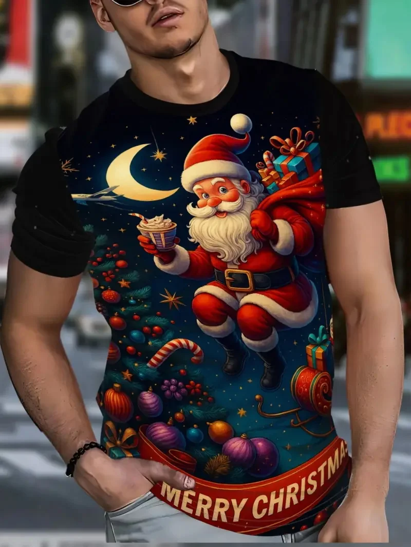 3D Print Men's Christmas Santa Claus Snowflakes Print T-Shirt Casual Round Neck Pullover Short Sleeve Xmas Tshirts Clothes