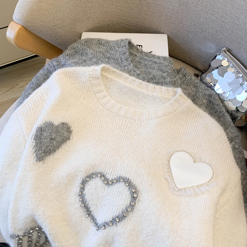 المرأة رمادي البلوز سترة Y2k خمر 2000s س الرقبة البلوز متماسكة طويلة الأكمام سترة كبيرة الحجم مع القلب الخريف الشتاء 2025 #5