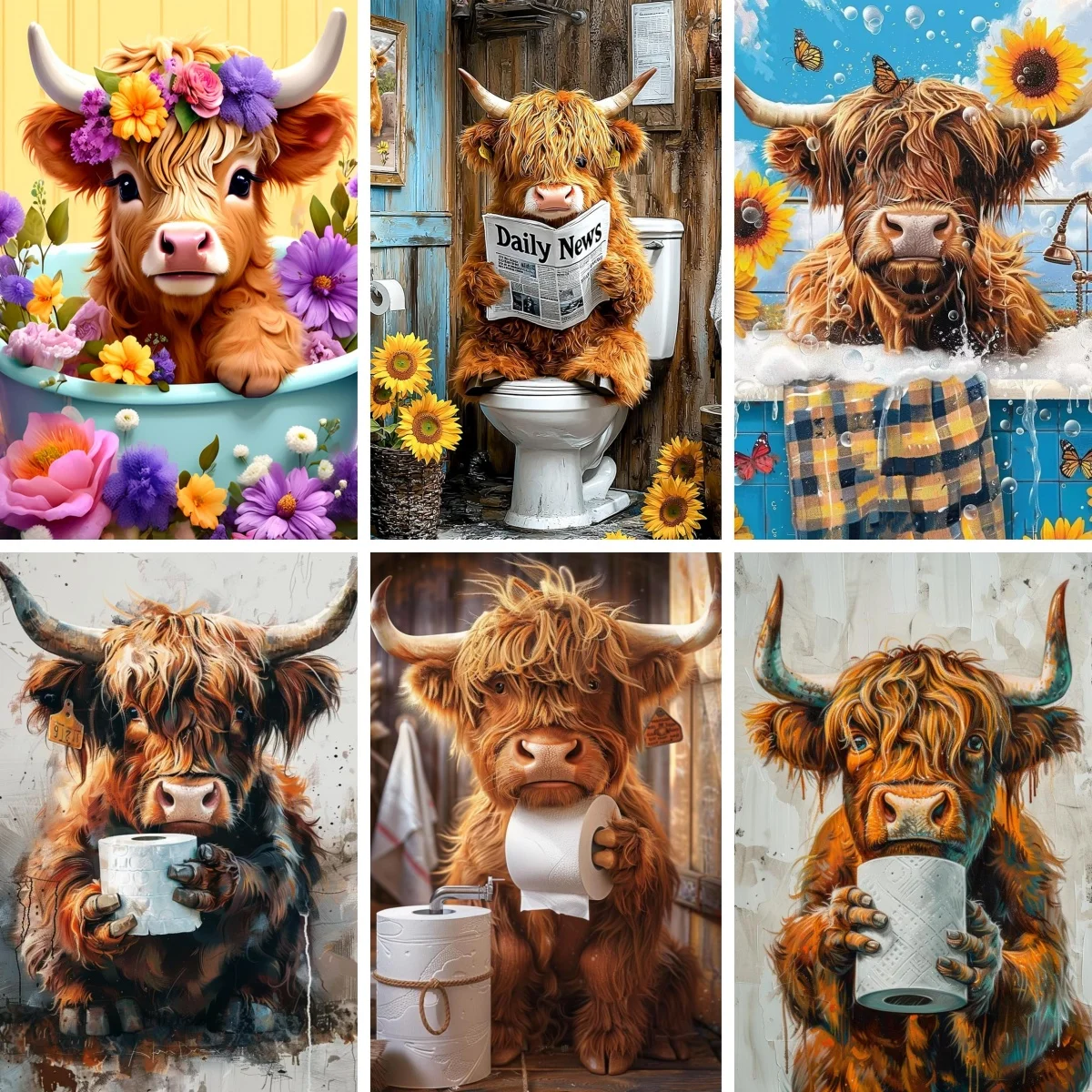 Highland Cow in Bathtub Art ,DIY Diamond Painting , Humor Funny Bathroom Art WC Decor , Toilet Paper Cow , Housewarming Gift
